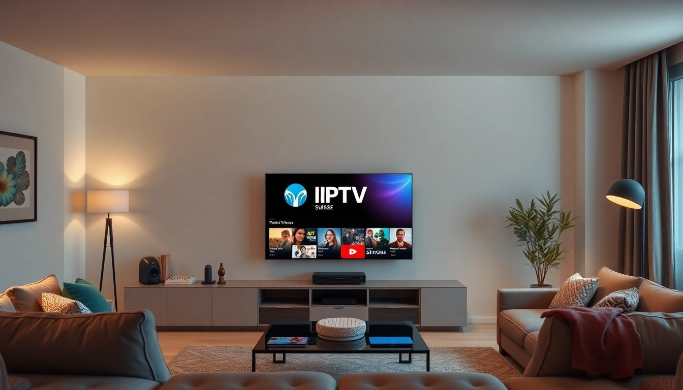 Watch your favorite shows with IPTV Suisse on a sleek modern TV in a cozy living room setting.