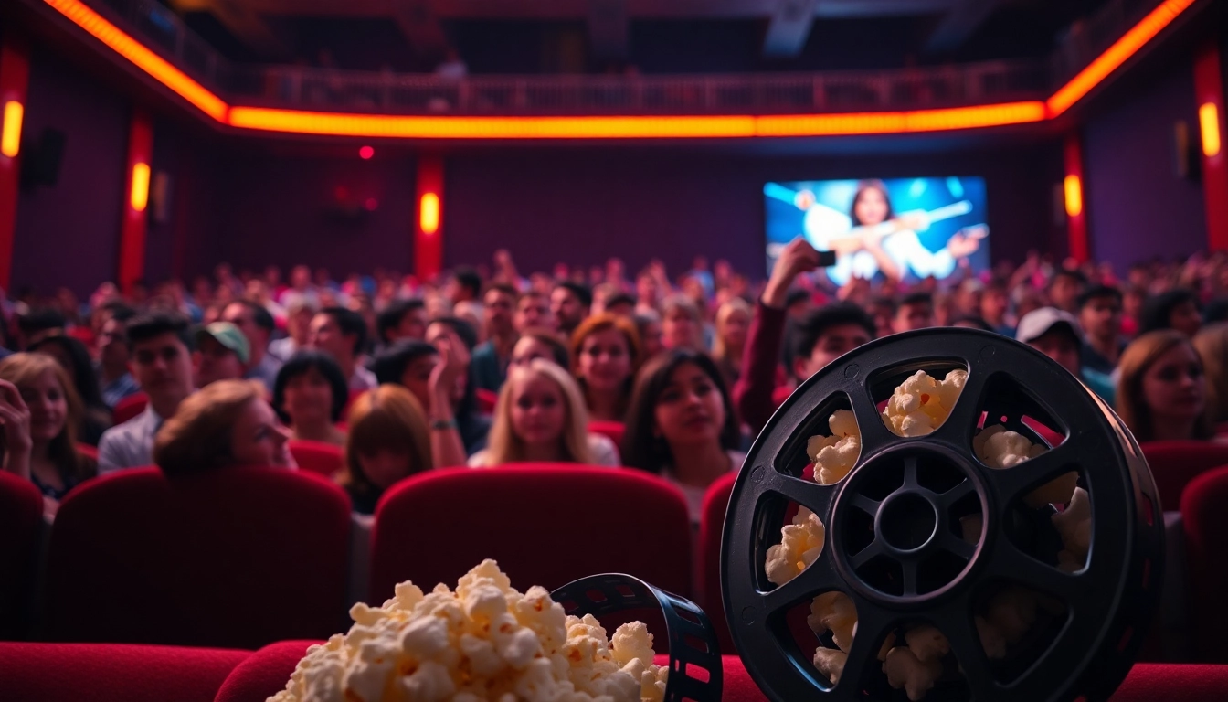 Engaging audience captivated by movie news and updates in a vibrant theater setting.