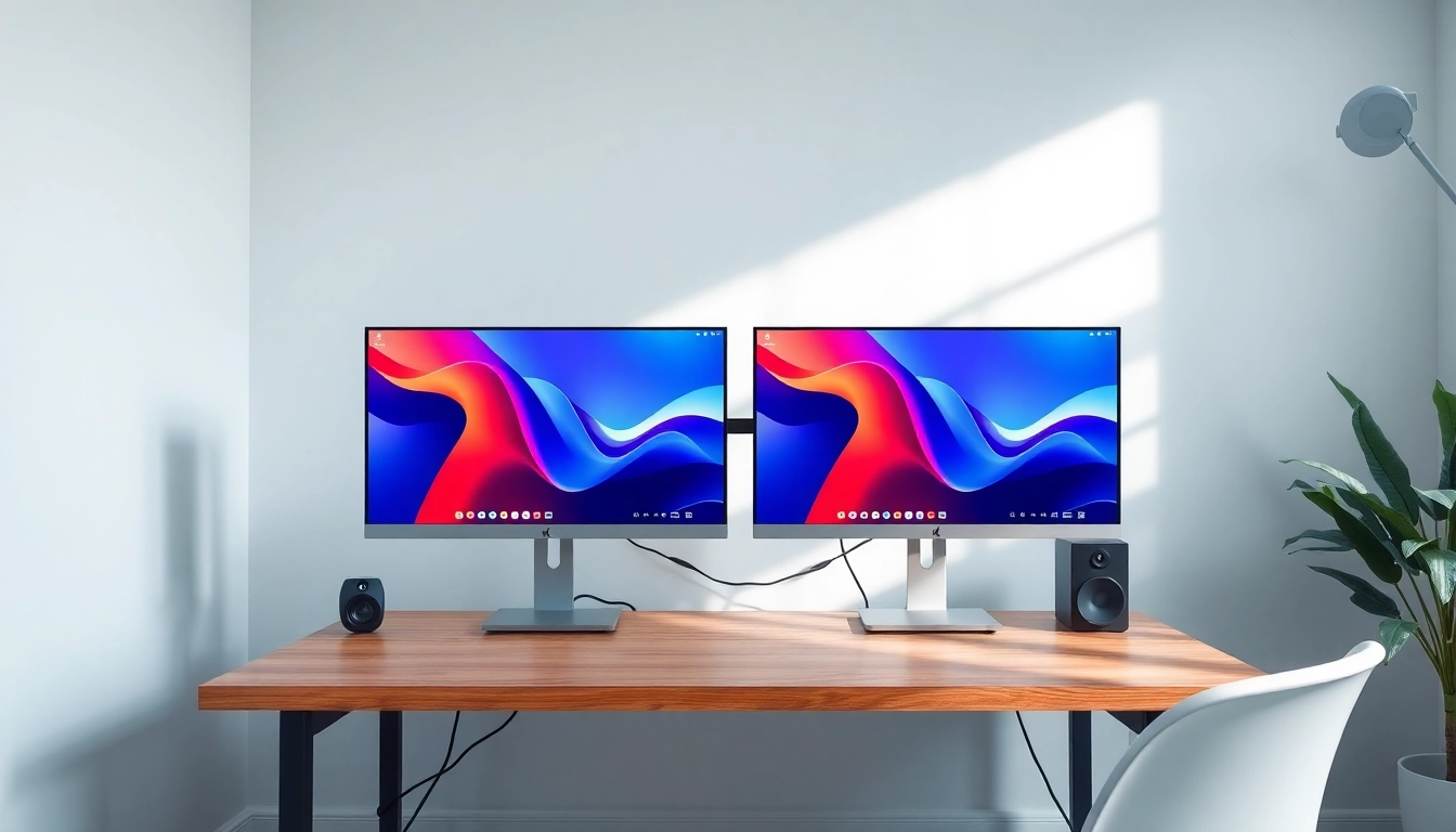 Visualize a dual monitor install in a stylish workspace featuring two sleek displays side by side on a modern desk.