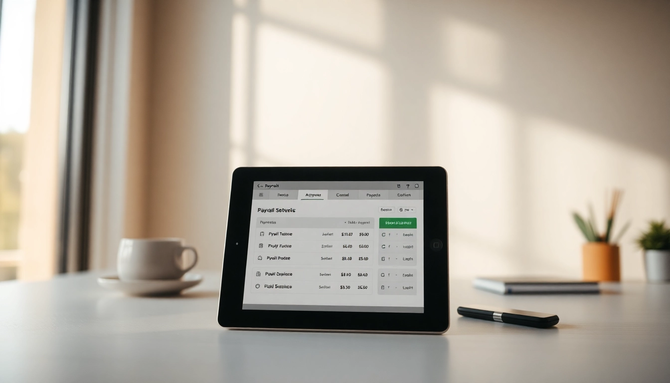 Streamlined payroll software interface displayed on a tablet in a modern workspace.