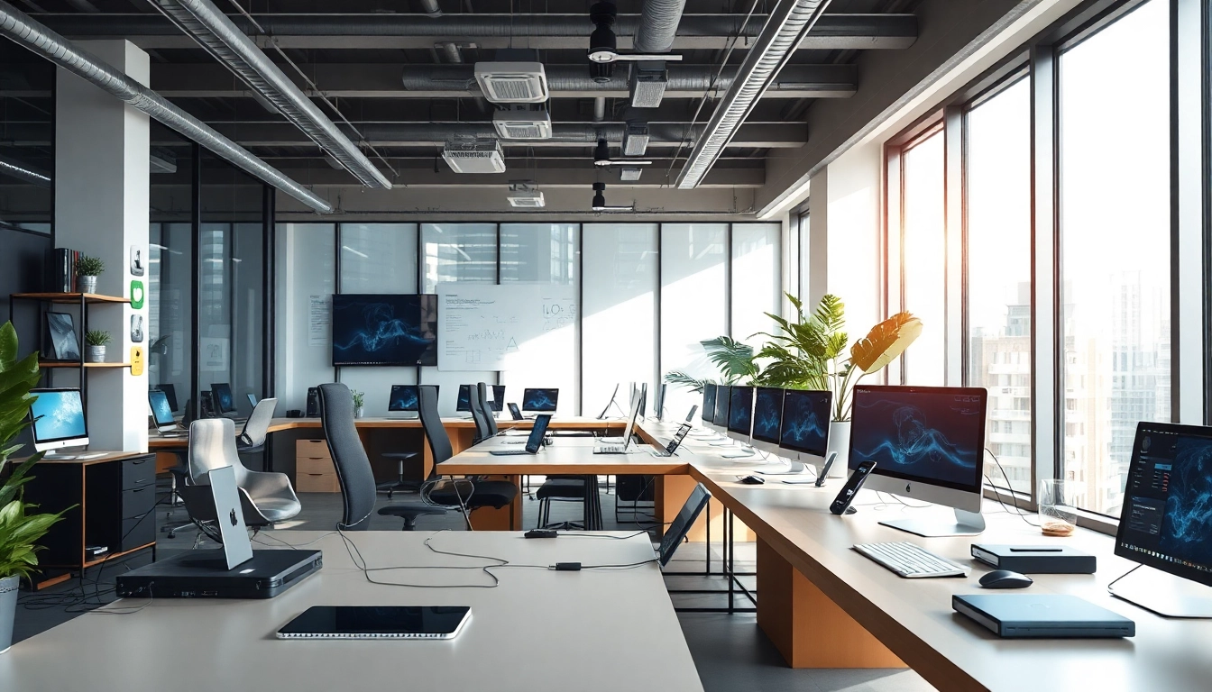 Showcase cutting-edge tech devices arranged on a stylish desk to highlight modern workspace trends.