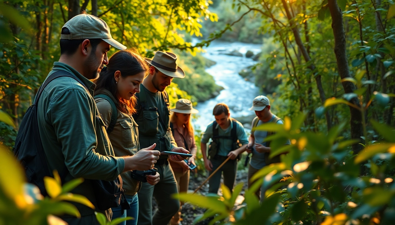Wildlife conservationists at www.sudswild.com examining tracks in a lush forest, emphasizing environmental protection.