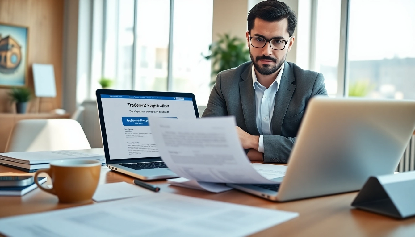 Illustration of trademark registration in Dubai with an entrepreneur at a desk reviewing documents.
