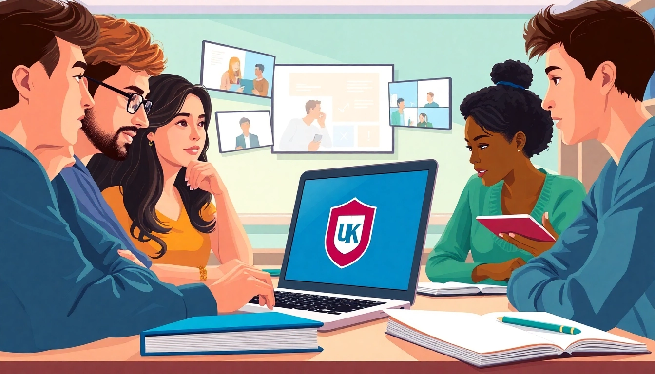 Students pursuing online university degrees from UK engage in virtual learning together.