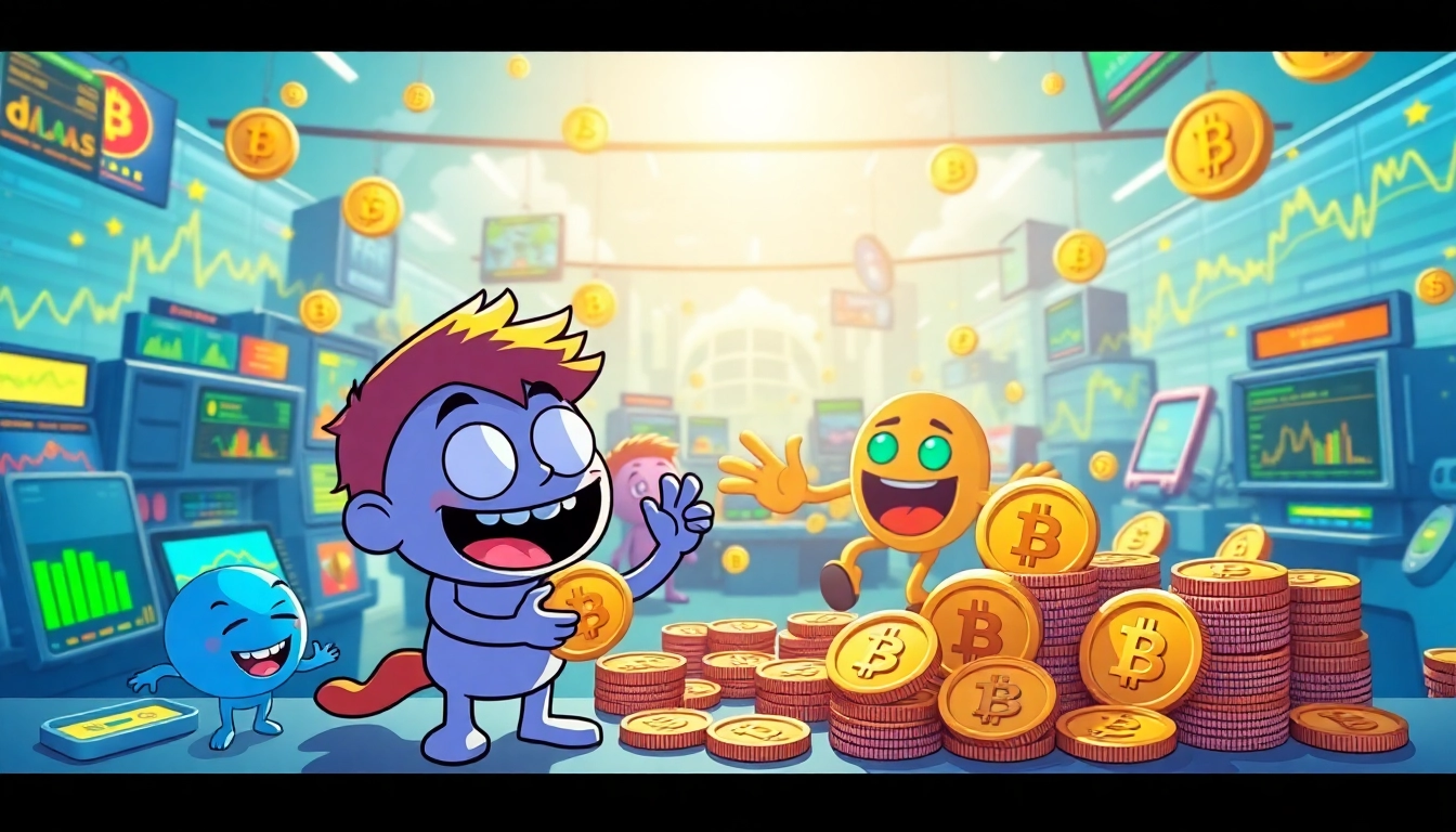 Engaging scene of meme culture crypto characters swapping digital currencies in a vibrant marketplace.