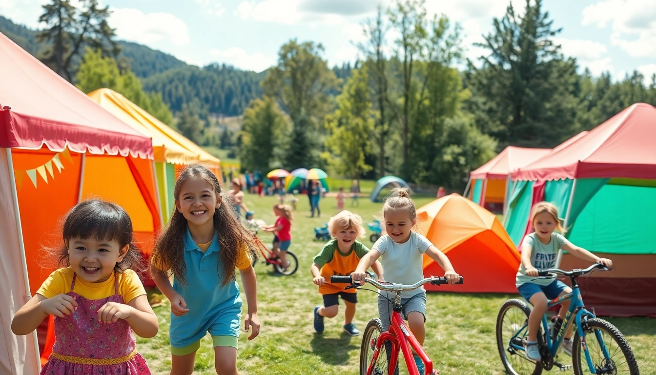 Children enjoying exciting activities at holiday camps in a vibrant outdoor setting.