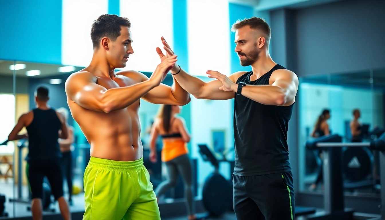 Fitness Coach near me assisting a client with a workout in a bright gym environment.