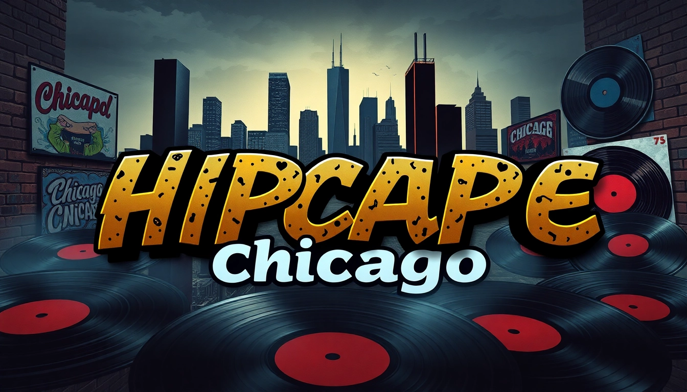 Showcasing hip-hop mixtapes Chicago through a vibrant collage of music icons and landmarks.