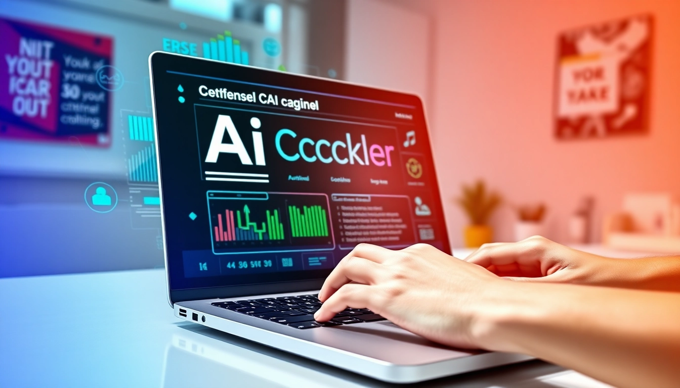 Analyze text quality with an AI checker on a sleek laptop surrounded by vibrant digital visuals.