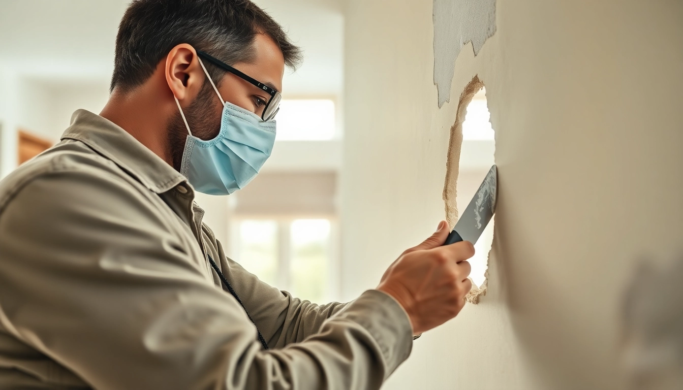 Technician performing drywall repair madison wi, expertly patching a large hole in a bright home interior.