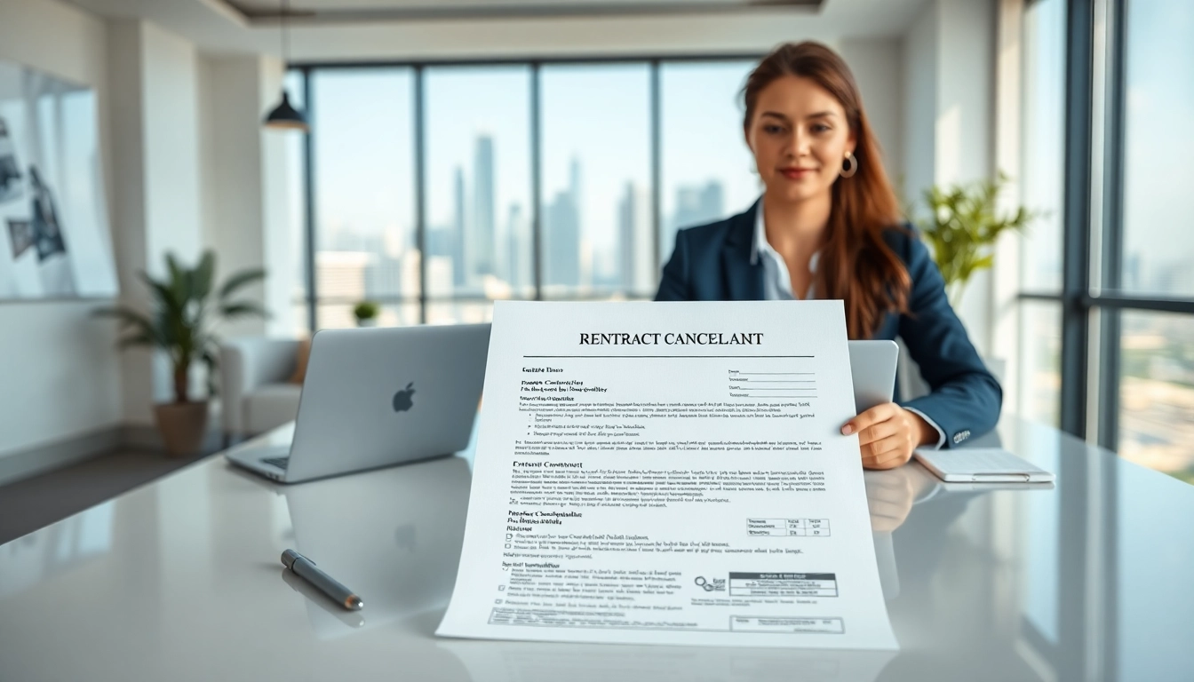 Facilitate ejari cancellation​ with a clear view of a rental contract in a professional office setting.
