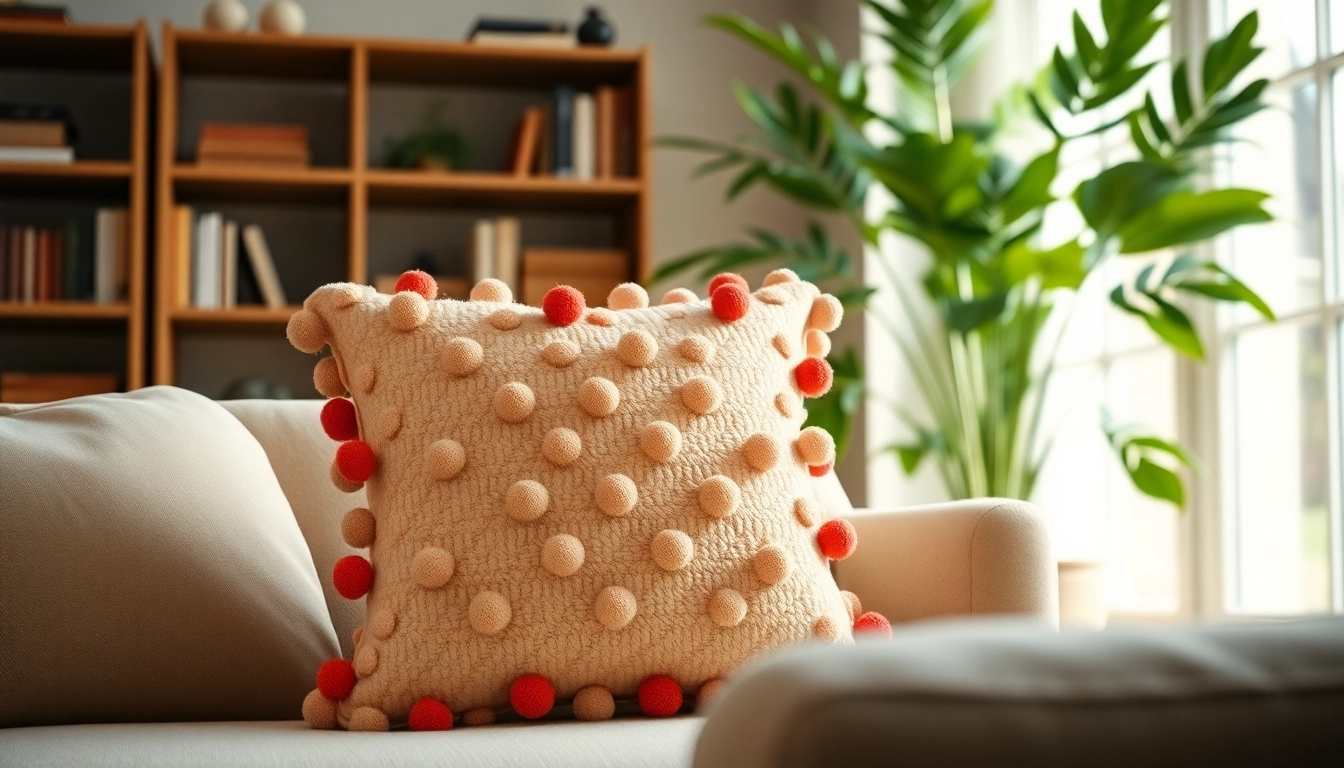 Pompom Cushion Cover enhancing a cozy living room atmosphere with earthy tones.