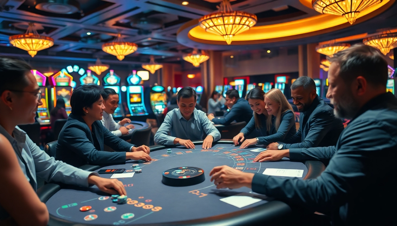 Experience the thrill of live casino action with players engaged at vibrant gaming tables.