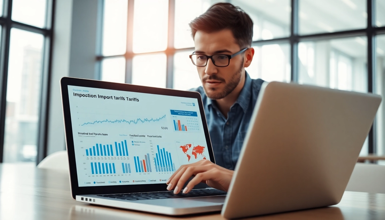 Analyze import tariffs china through economic charts in a professional office setting.