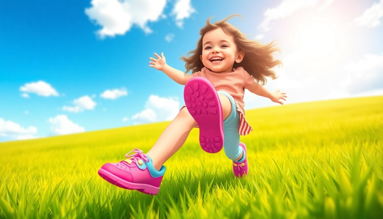Ein Kind läuft fröhlich in Barfußschuhe Kinder über eine grüne Wiese.