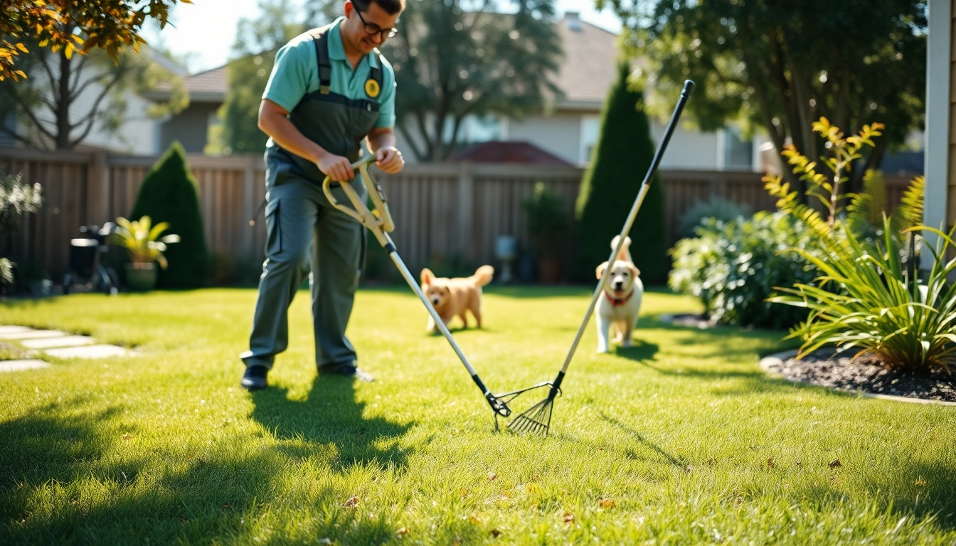 Dog clean up service in action, showcasing a uniformed technician cleaning a backyard.