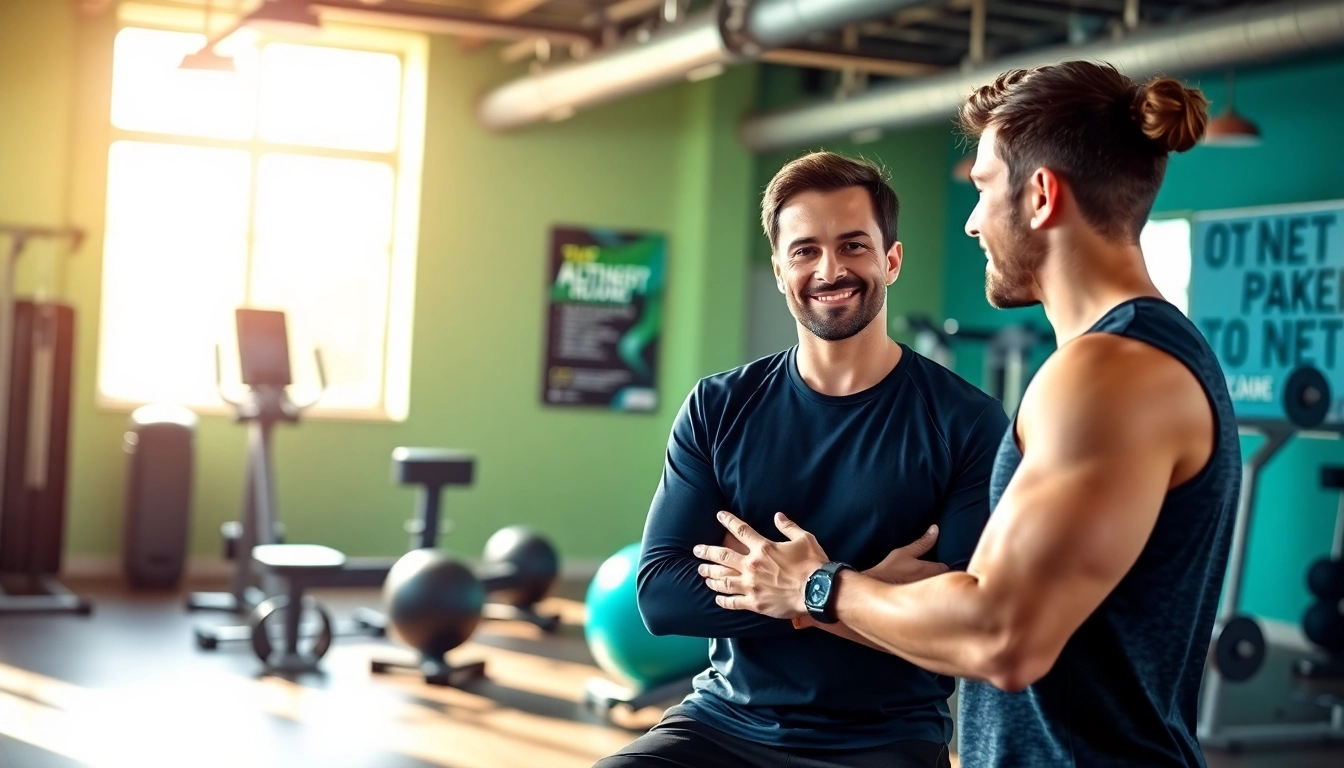 Engaging gym training consultation between trainer and client, enhancing fitness goals.