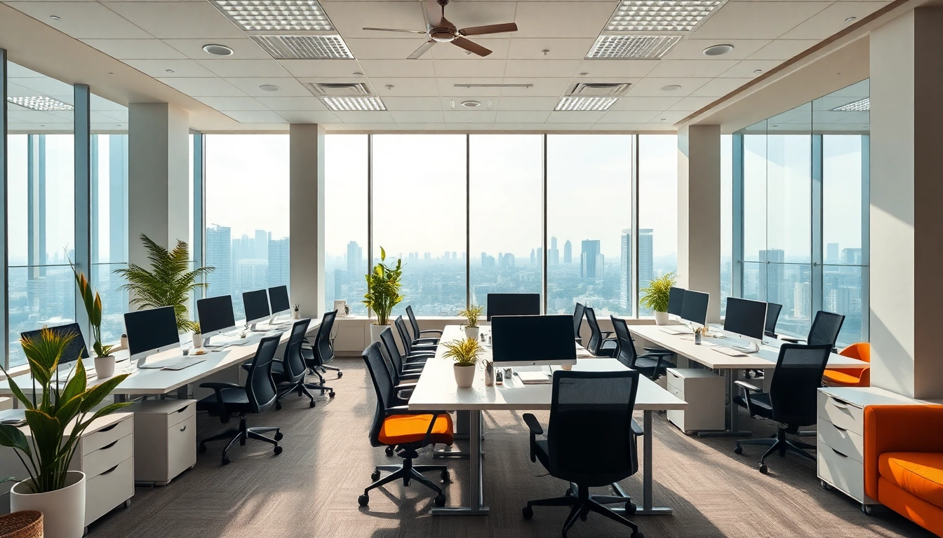 Discover a modern office for rent in Bangalore featuring spacious workspaces and a city skyline view.