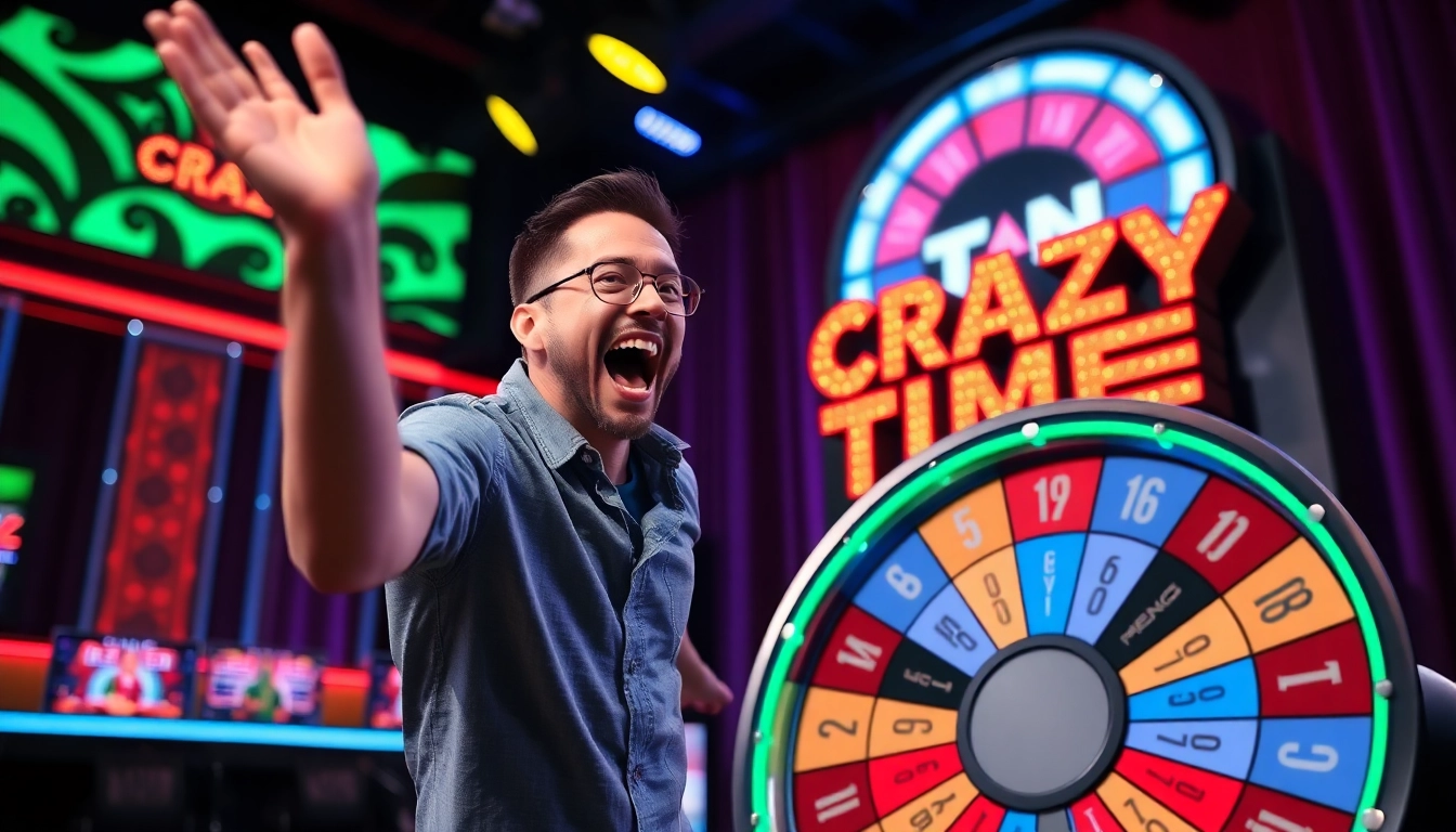 Catch the excitement of Crazy Time stats live with a player engrossed in gameplay in a brightly lit studio.