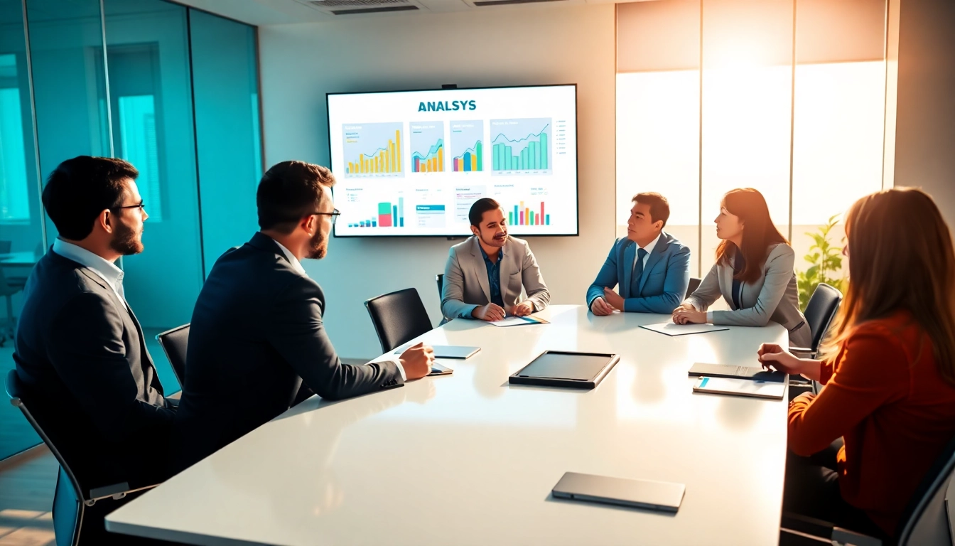 Engage in a strategic competitor pricing analysis discussion among professionals in a modern office.