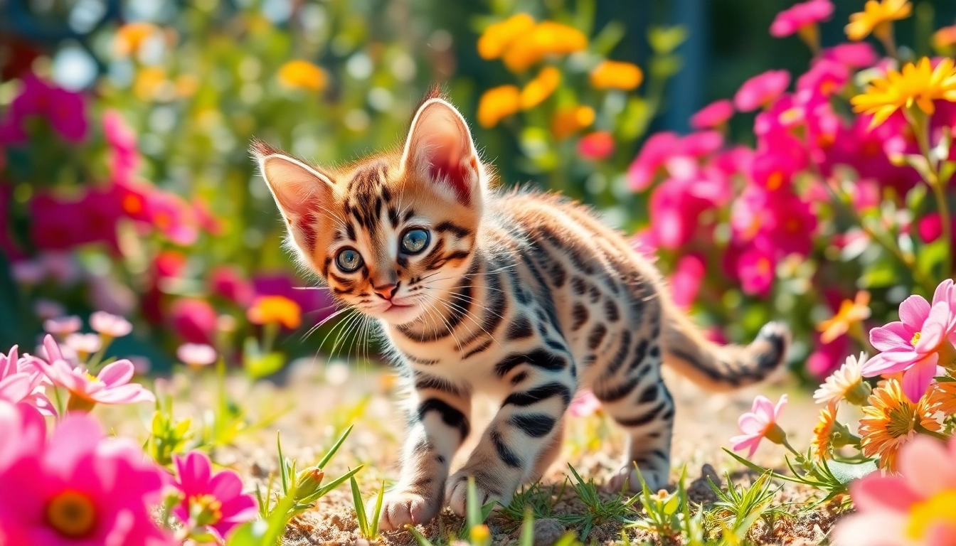 Adorable Bengal Kittens for Sale playing in a colorful garden setting.