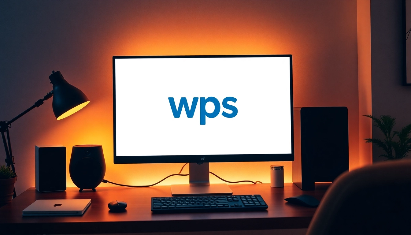 Showcasing wps logo on a sleek monitor in a modern workspace with warm lighting and cozy textures.