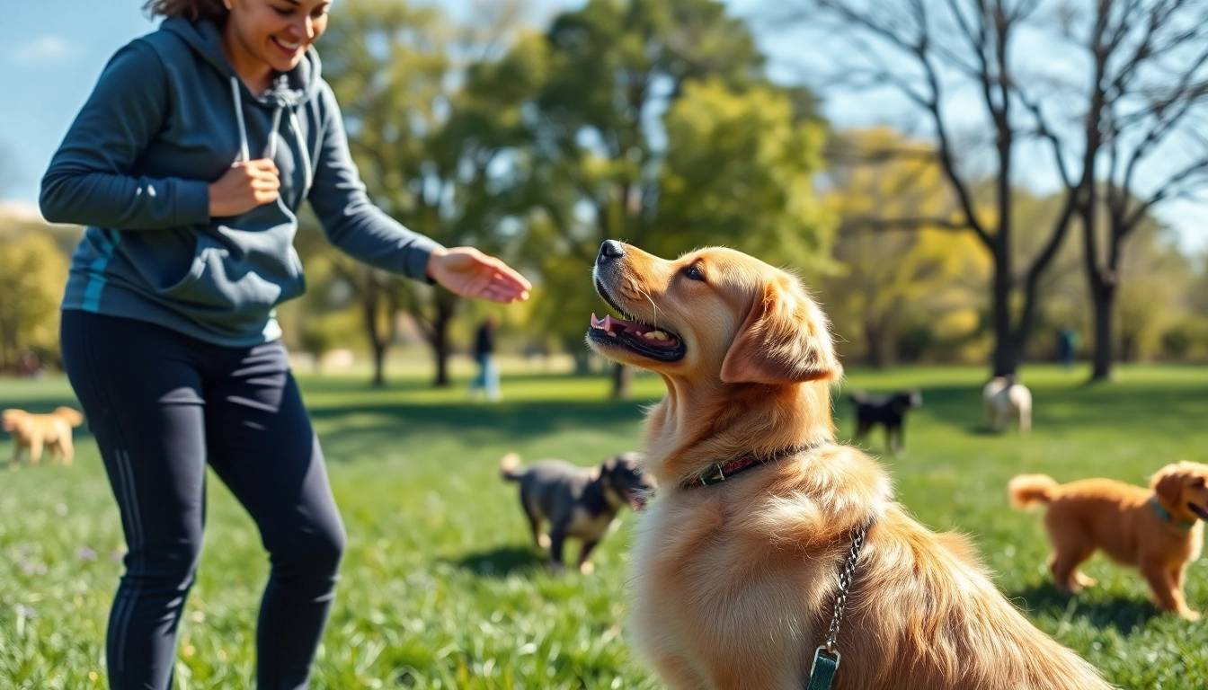 Engaging dog training session showcasing techniques in Irvine with a golden retriever and trainer.
