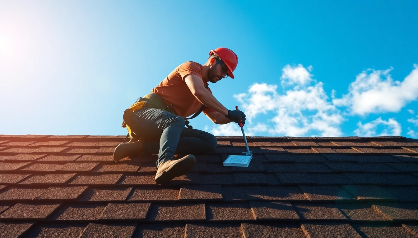 Roofer providing emergency roofing services, repairing shingles under sunny skies, showcasing expertise.