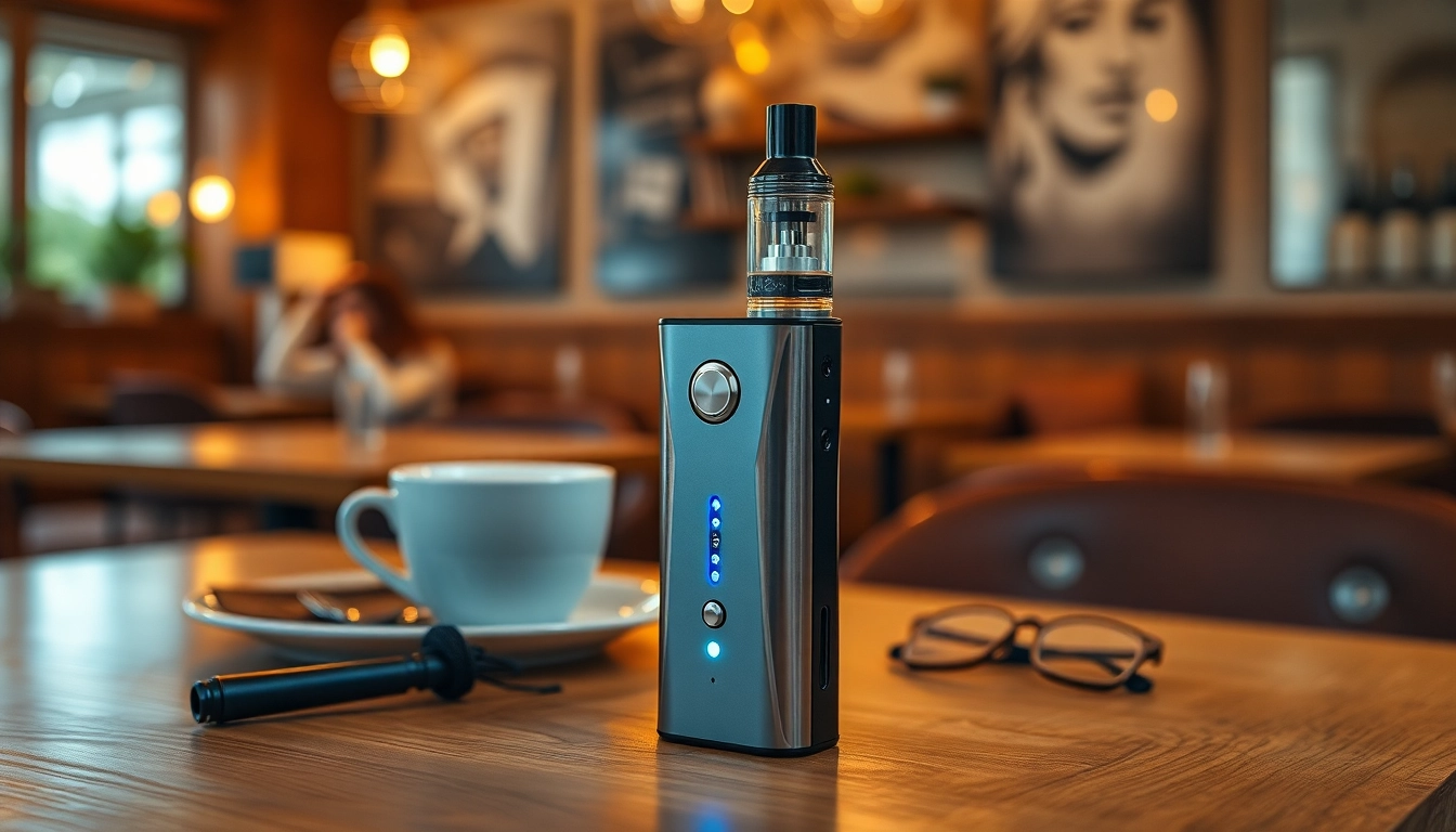 Caffeine vape device displayed elegantly in a cozy coffee shop setting with warm lighting.
