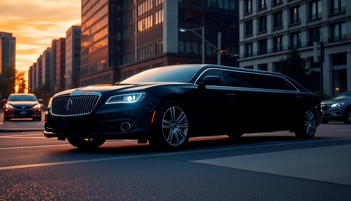 Car service Atlanta featuring a luxurious limousine parked elegantly on a city street at sunset.