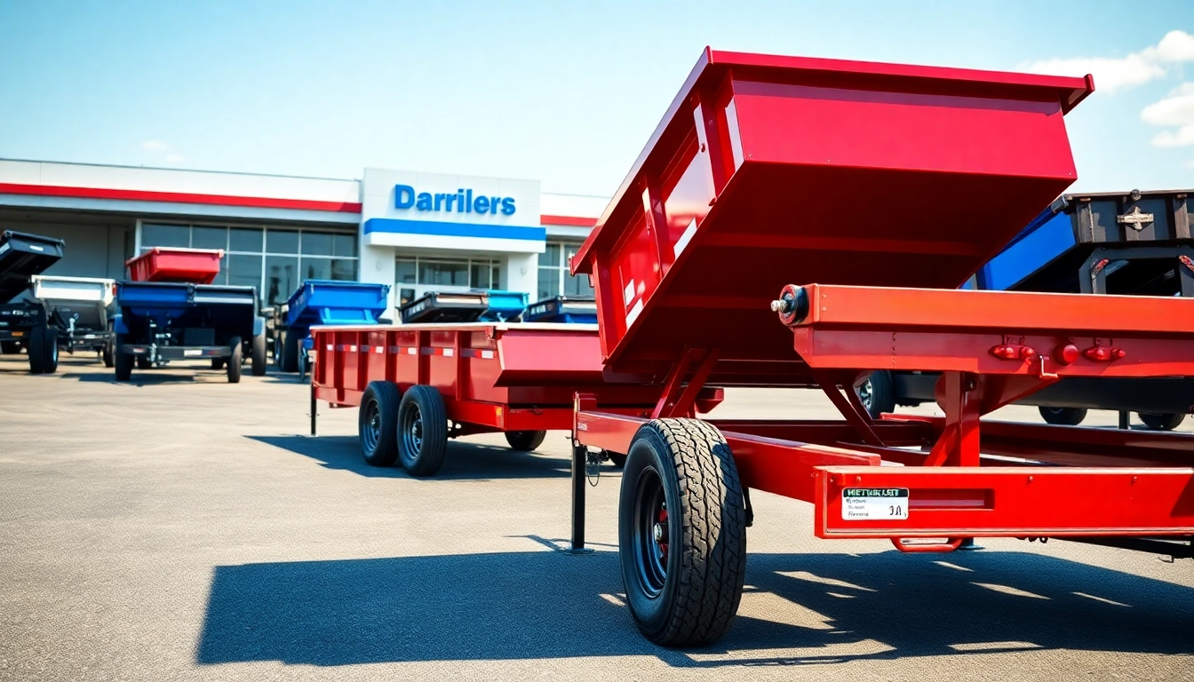 Find a dump trailer for sale near me in a dealership showcasing various models.