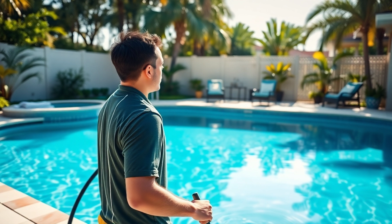 Engaging swimming pool service Pinellas County technician cleaning a sparkling pool in a sunny yard.