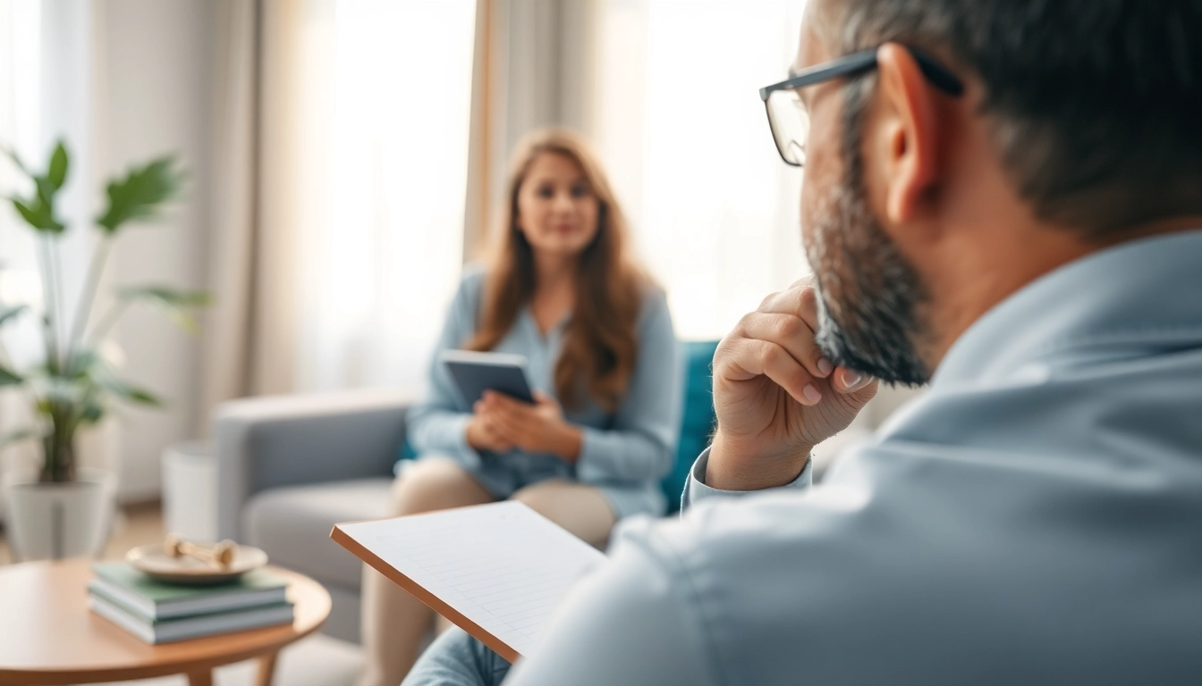 Panic attack treatment in Dubai by a therapist in a calming therapy room, engaging with a patient.