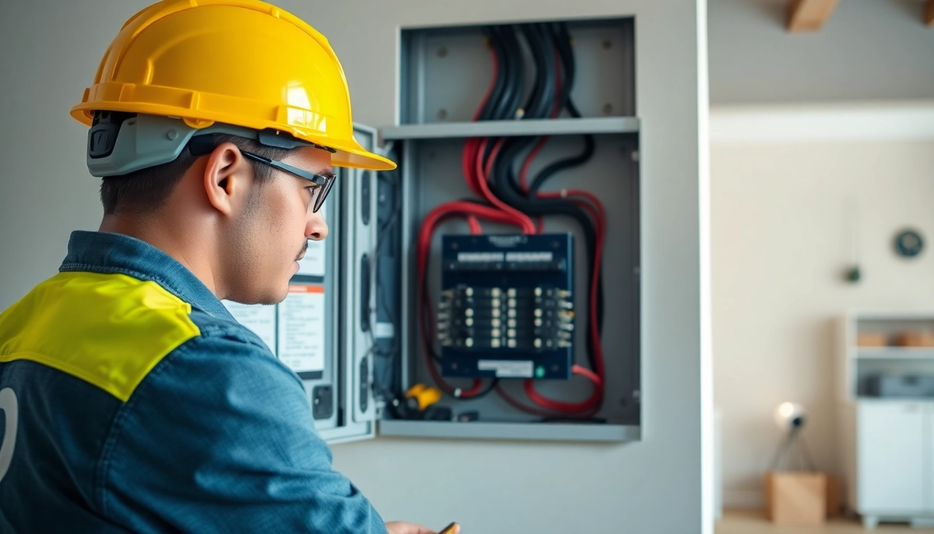 Electrician working on an Electrical Panel with circuit breakers in a modern home.