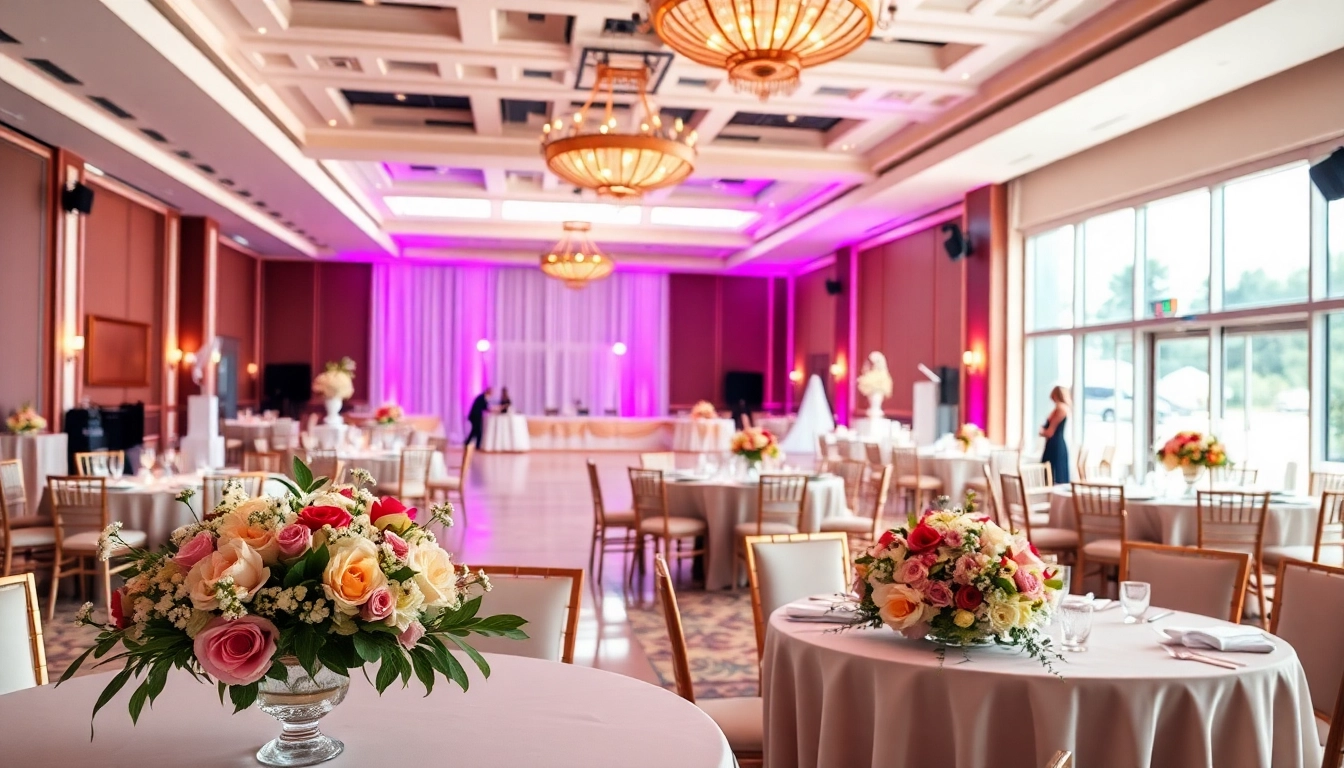 City venue event center beautifully set for an elegant gathering, showcasing elegant decor and lighting.
