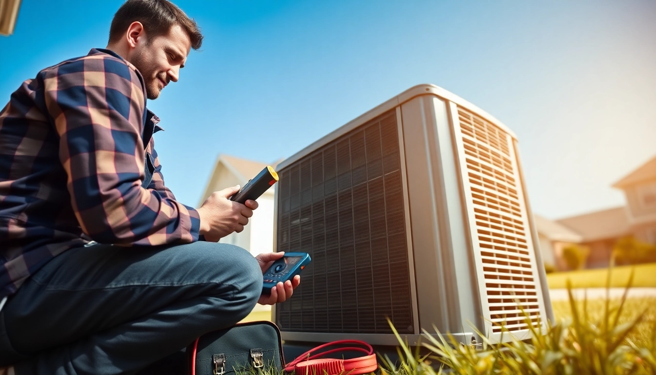 Emergency HVAC repair Franklin TN with a technician diagnosing air conditioning unit in suburban setting.