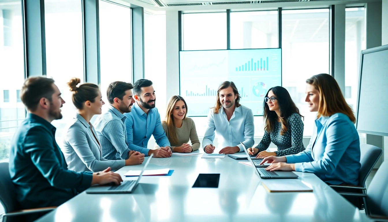 Collaborative business team discussing competitive intelligence strategies in a bright modern office.
