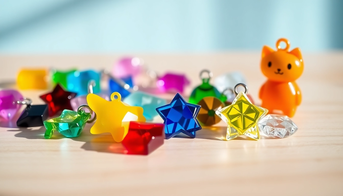 Showcase acrylic charms in vibrant colors and unique shapes on a wooden surface.
