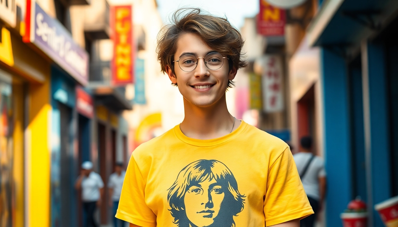 Young adult wearing a vintage john lennon t shirt in a vibrant urban setting.