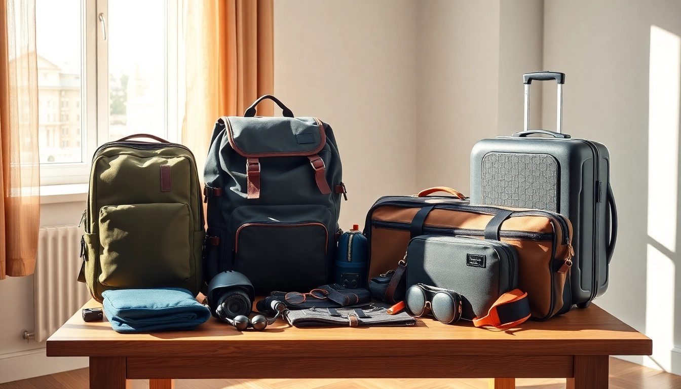Travel gears including a stylish backpack and durable luggage arranged elegantly.