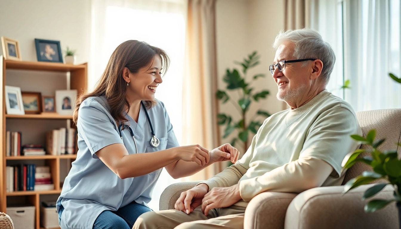 Caregiver providing supportive austin senior home care to an elderly man in a warm, inviting living room.