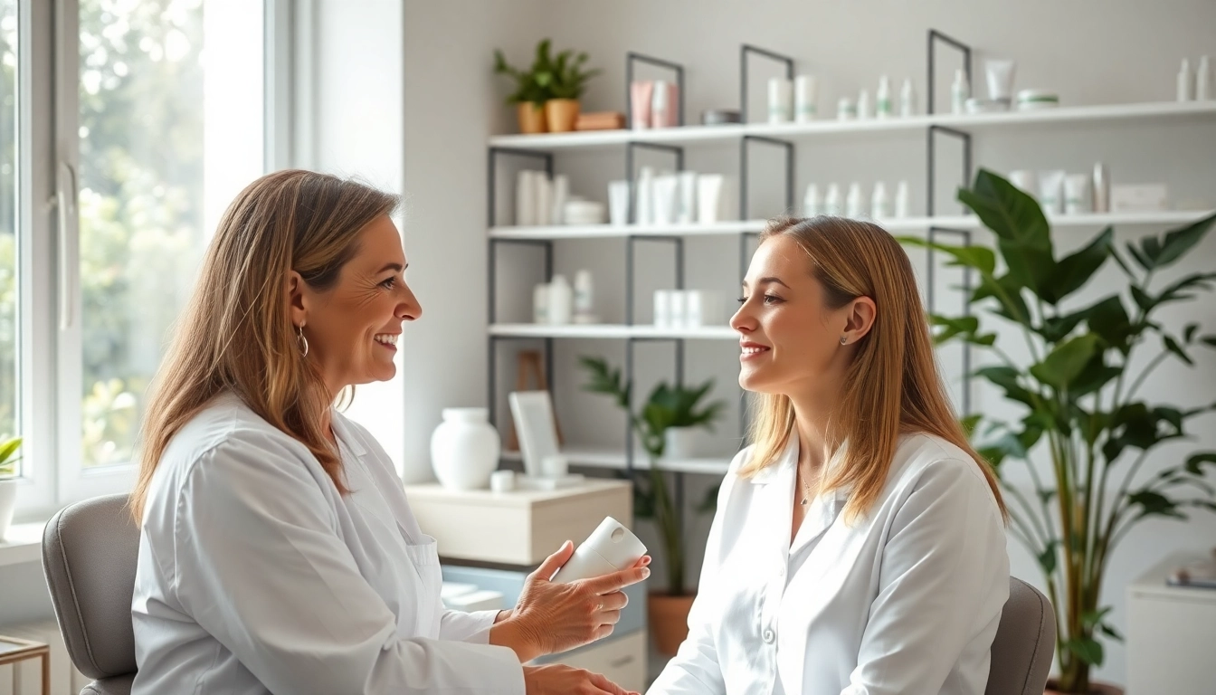 Assessing aesthetic skin concerns in a bright clinic, showcasing personalized care and skincare products.