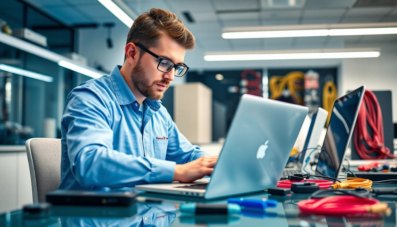 Engaging computer service professional assisting with laptop repair in a modern workspace.