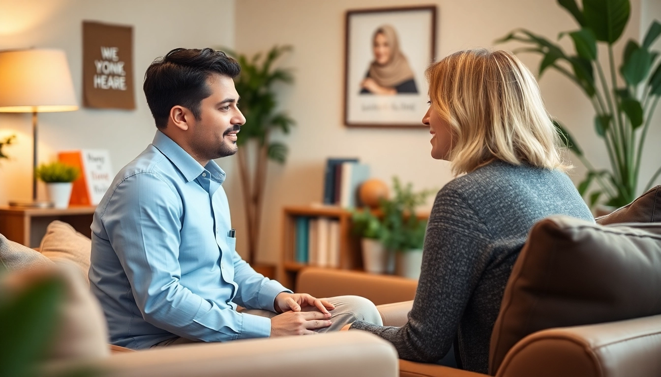 Encouraging conversation between an attachment theory coach and a client in a cozy environment.