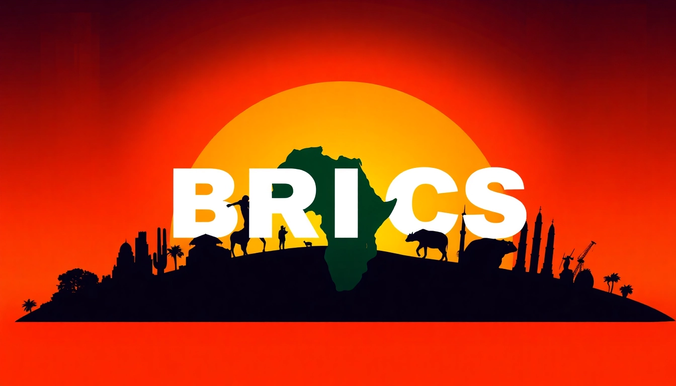Analyse BRICS Afrique through a vibrant abstract artwork showcasing collaboration in Africa.