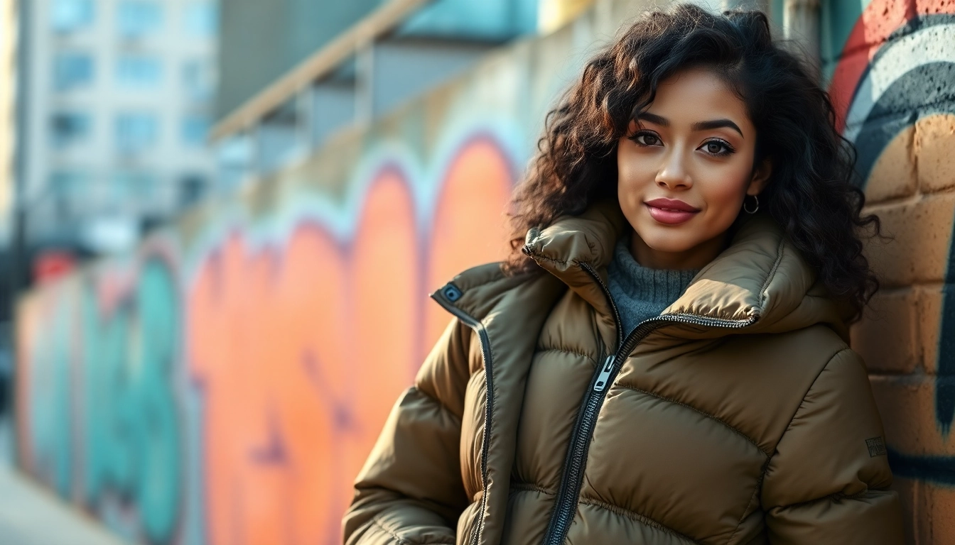 Woman showcasing a stylish puffer jacket for women against a vibrant urban backdrop.