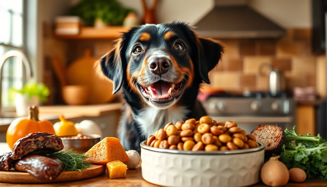 Dog enjoying badlands ranch dog food canada in a cozy kitchen with fresh ingredients around.