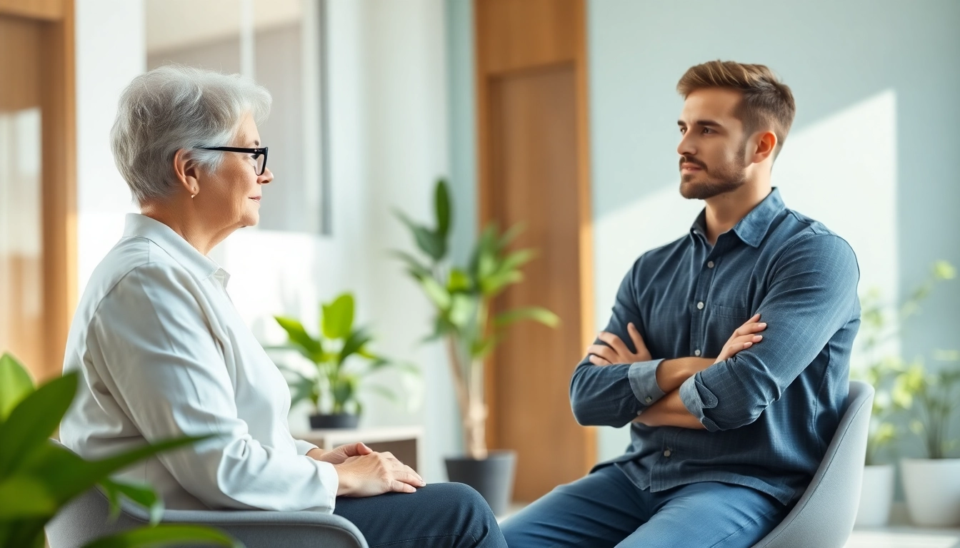 Psychiatrist engaged in a consultation with a patient in a bright office.