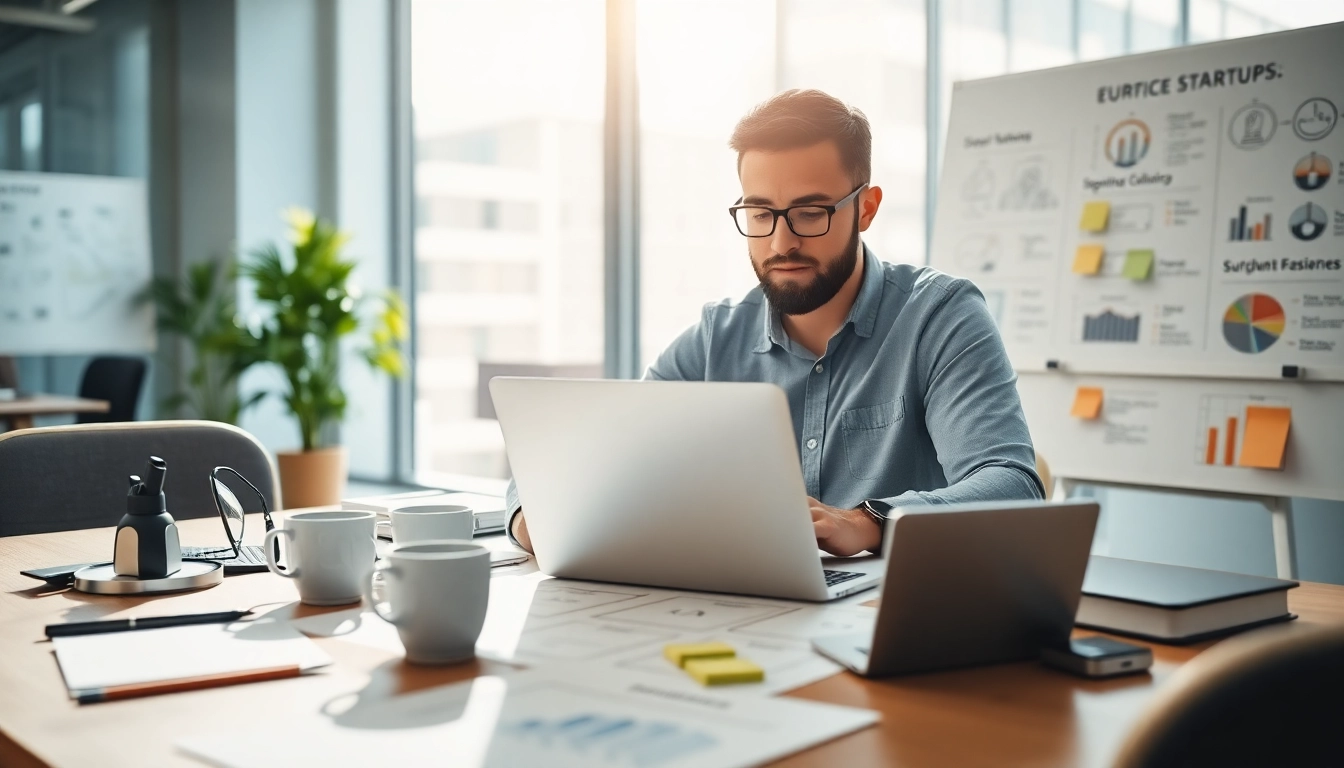 Engaged entrepreneur launching a successful startup in a vibrant office setting with startup elements.