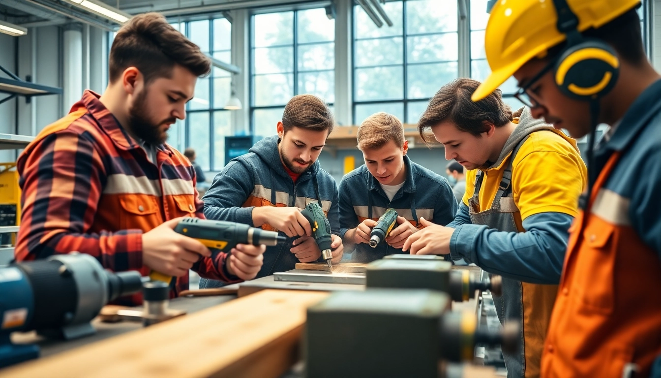 Students engaged in training at a trade school Knoxville TN, honing their skills with electric tools.